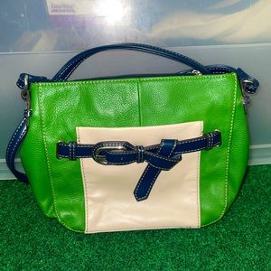 Green navy and cream cross body purse with bow detail